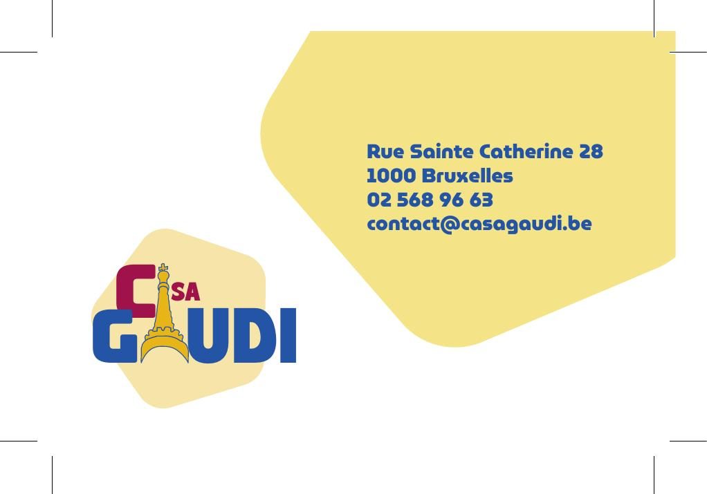Carte de visite Casa Gaudi, recto : logo et coordonnées du restaurant sur fond jaune pâle.