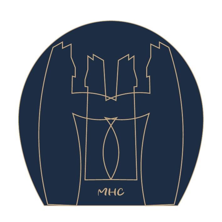 Logo MHC : une forme bleu nuit arrondie avec un tracé doré du pont de l'Europe de Vilvorde et des silhouettes réunies.