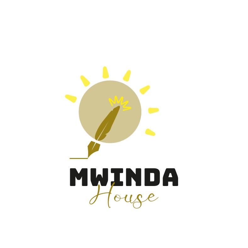 Logo Mwinda House : un soleil jaune avec une plume brune, le mot MWINDA en capitales noires et House en écriture manuscrite dorée.