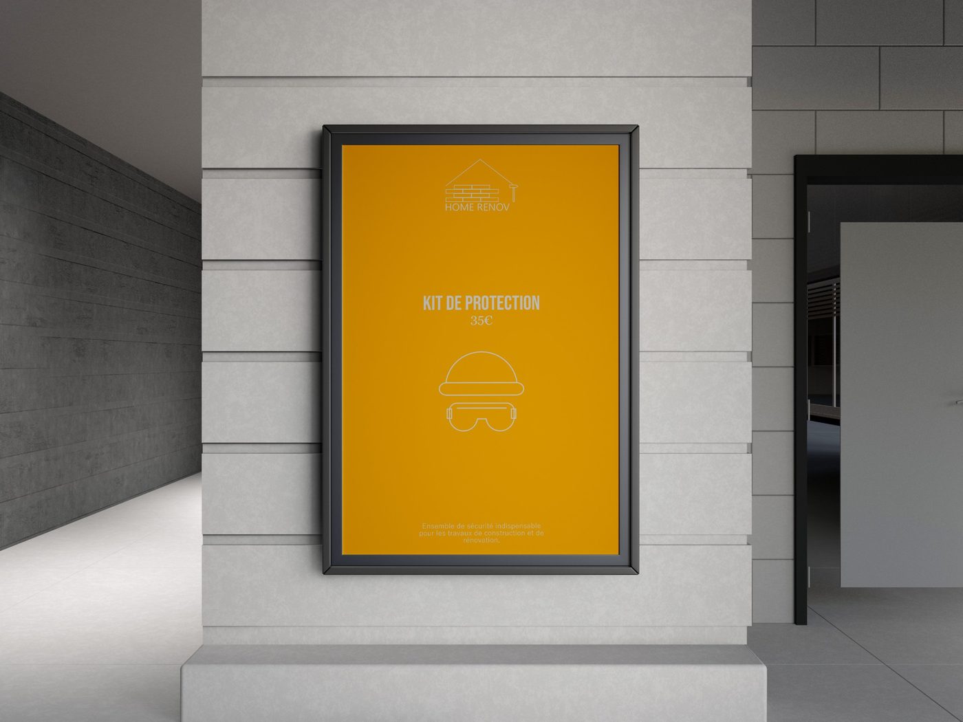 Affiche Home Renov Kit de protection, 35 euros, fond jaune ocre et pictogramme d'un casque et de lunettes.